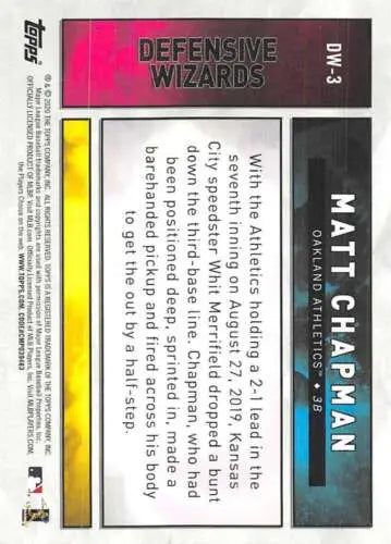 Baseball card back of 2020 Topps Big League Defensive Wizards Matt Chapman NM-MT Athletics