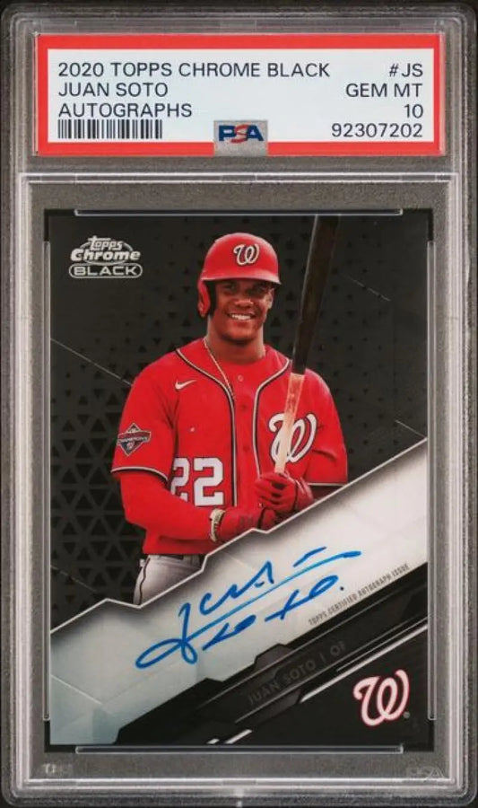 PSA-graded 2020 Topps Chrome Black Juan Soto autographed baseball card from Nationals