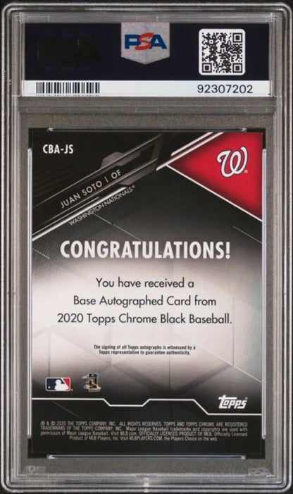 PSA 10 GEM MINT Juan Soto Topps Chrome Black Autographed Baseball Card Display