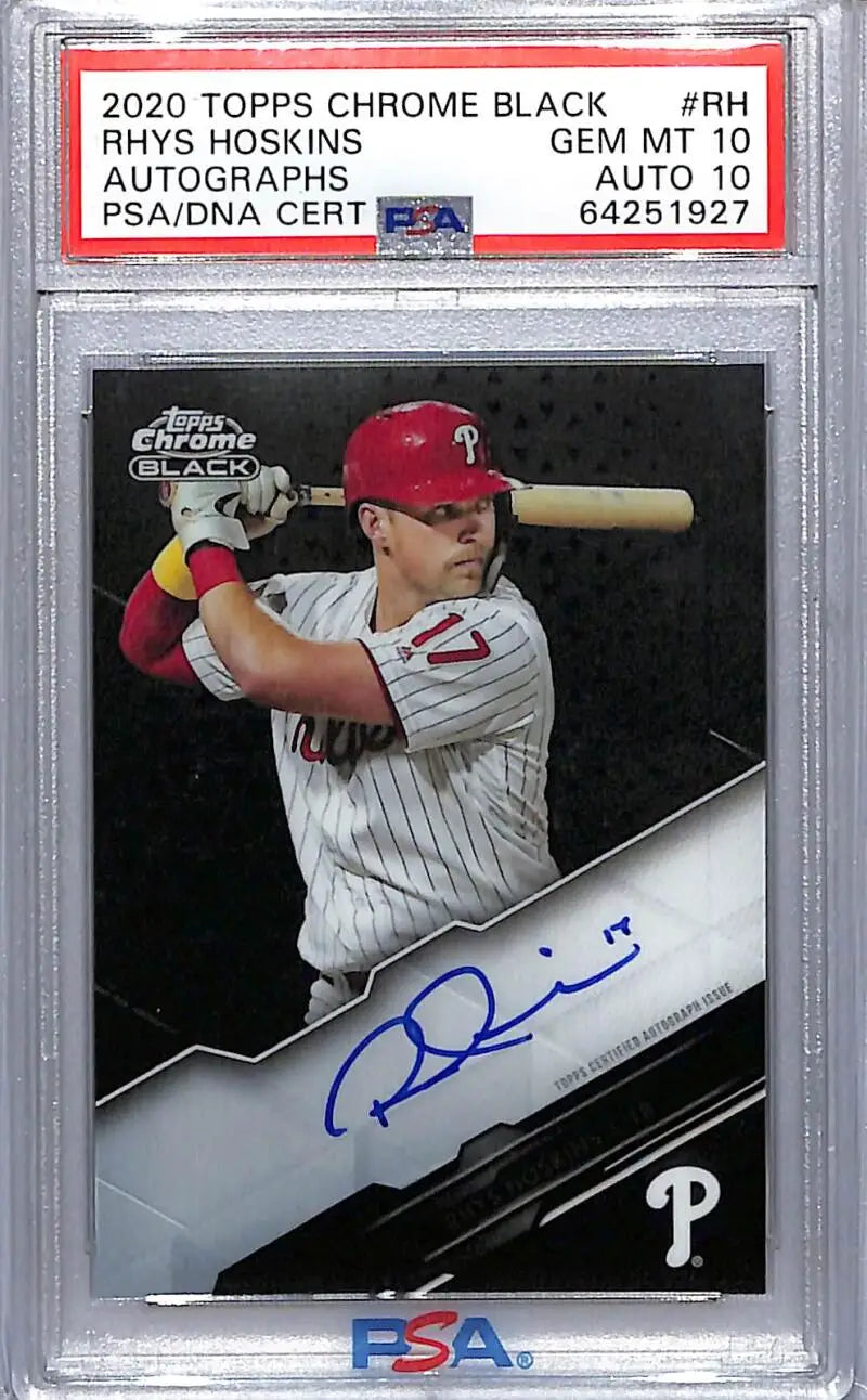 PSA-graded autographed baseball card of Rhys Hoskins in pinstripe uniform for Philadelphia Phillies