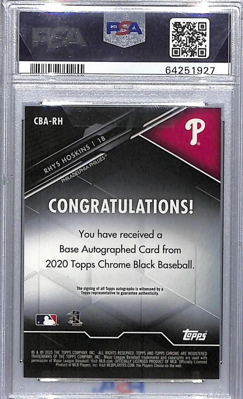 Back side of a PSA-graded 2020 Topps Chrome Black Rhys Hoskins baseball card