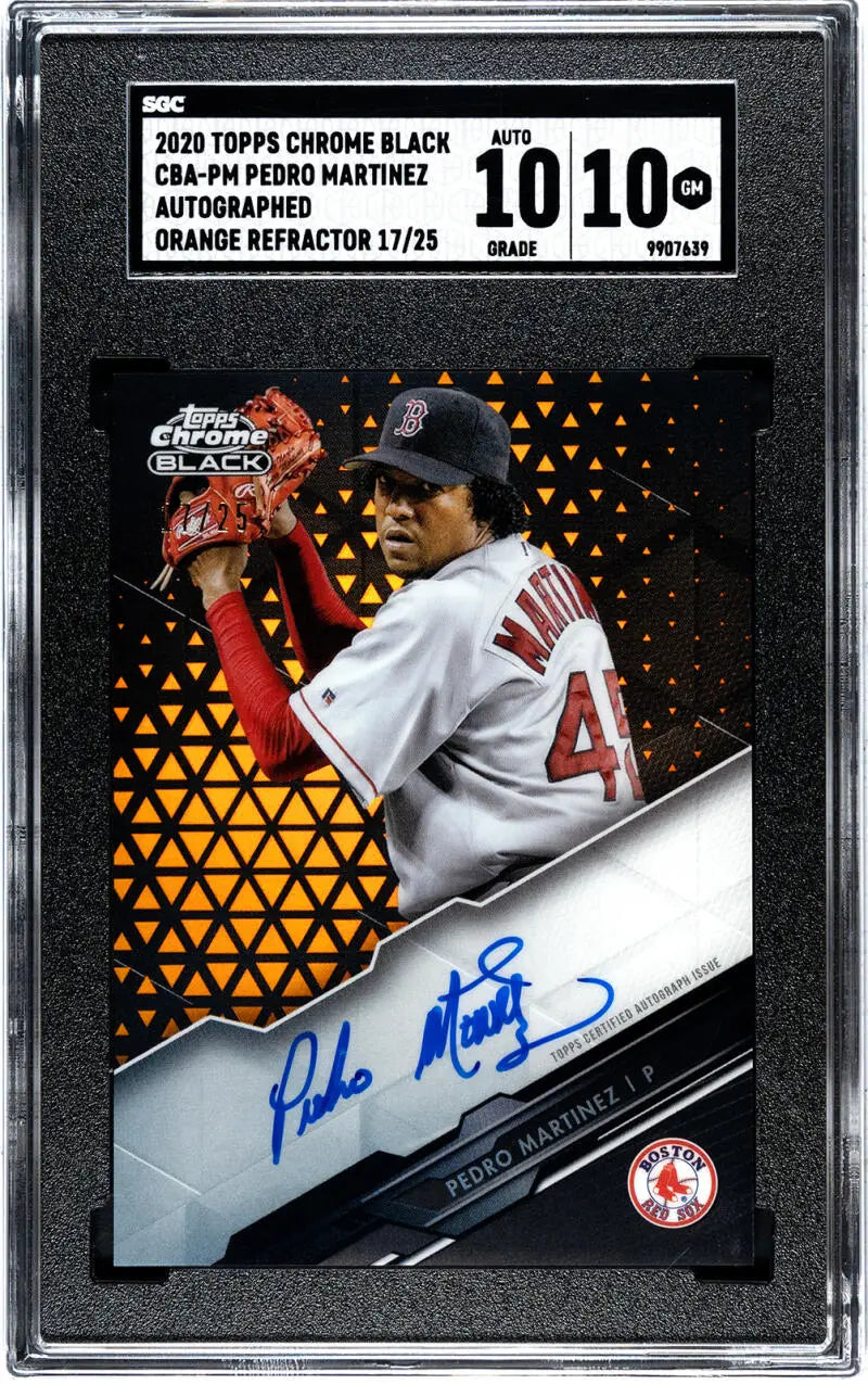 Graded baseball card of Pedro Martinez in Red Sox uniform with autograph on orange design