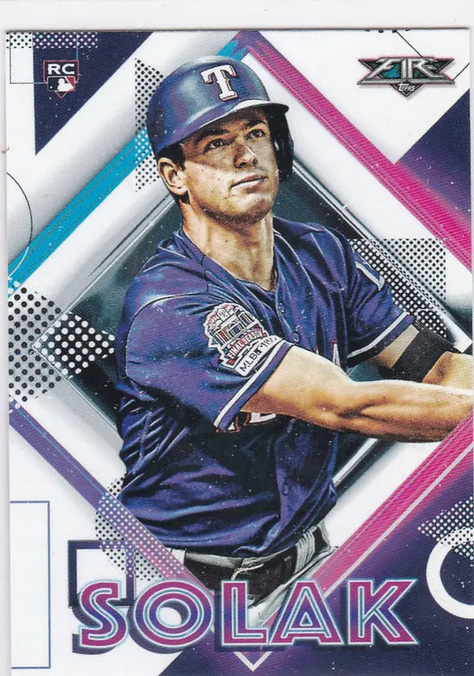 Baseball card of Nick Solak swinging bat in Texas Rangers uniform for trading cards