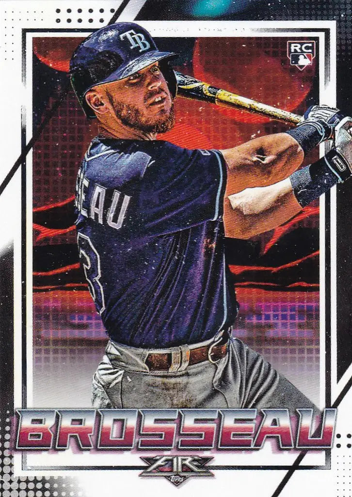 Baseball card of Michael Brosseau mid-swing for Tampa Bay Rays in trading cards collection