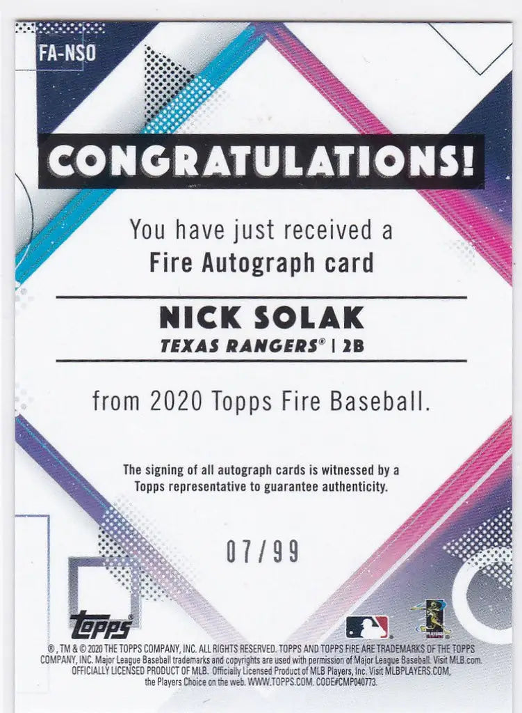 Congratulatory card for Nick Solak autograph from 2020 Topps Fire Baseball trading cards