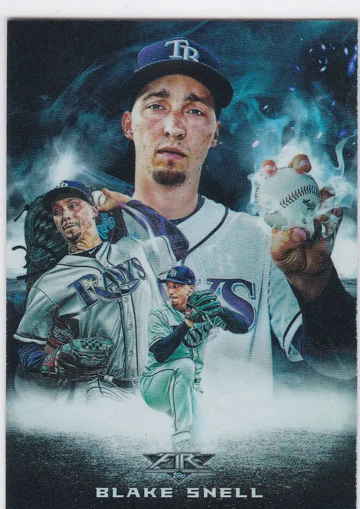 Baseball player in Tampa Bay Rays uniform holding baseball for trading cards collection