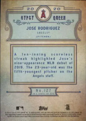 Back of 2020 Topps Gypsy Queen #127 Jose Rodriguez NM-MT RC Rookie Angels card with original gloss