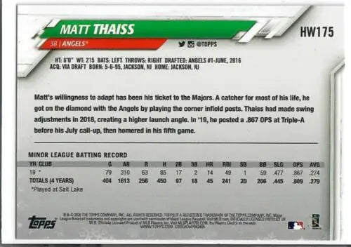 2020 Topps Holiday Metallic HW175 Matt Thaiss NM-MT RC Rookie Baseball Card