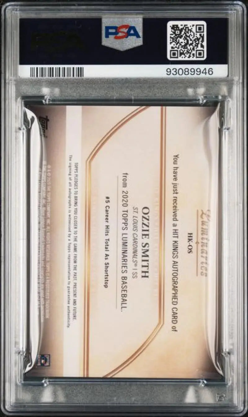 PSA-graded slab of 2020 Topps Luminaries Ozzie Smith Gem Mint card for St. Louis Cardinals