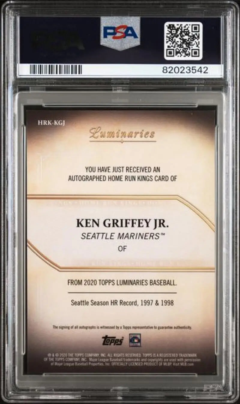 Back of Ken Griffey Jr. 2020 Topps Luminaries Home Run Kings card PSA 9 Mint Auto