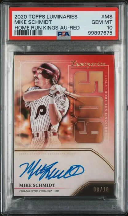 PSA-graded 2020 Topps Luminaries Home Run Kings Mike Schmidt baseball card with autograph