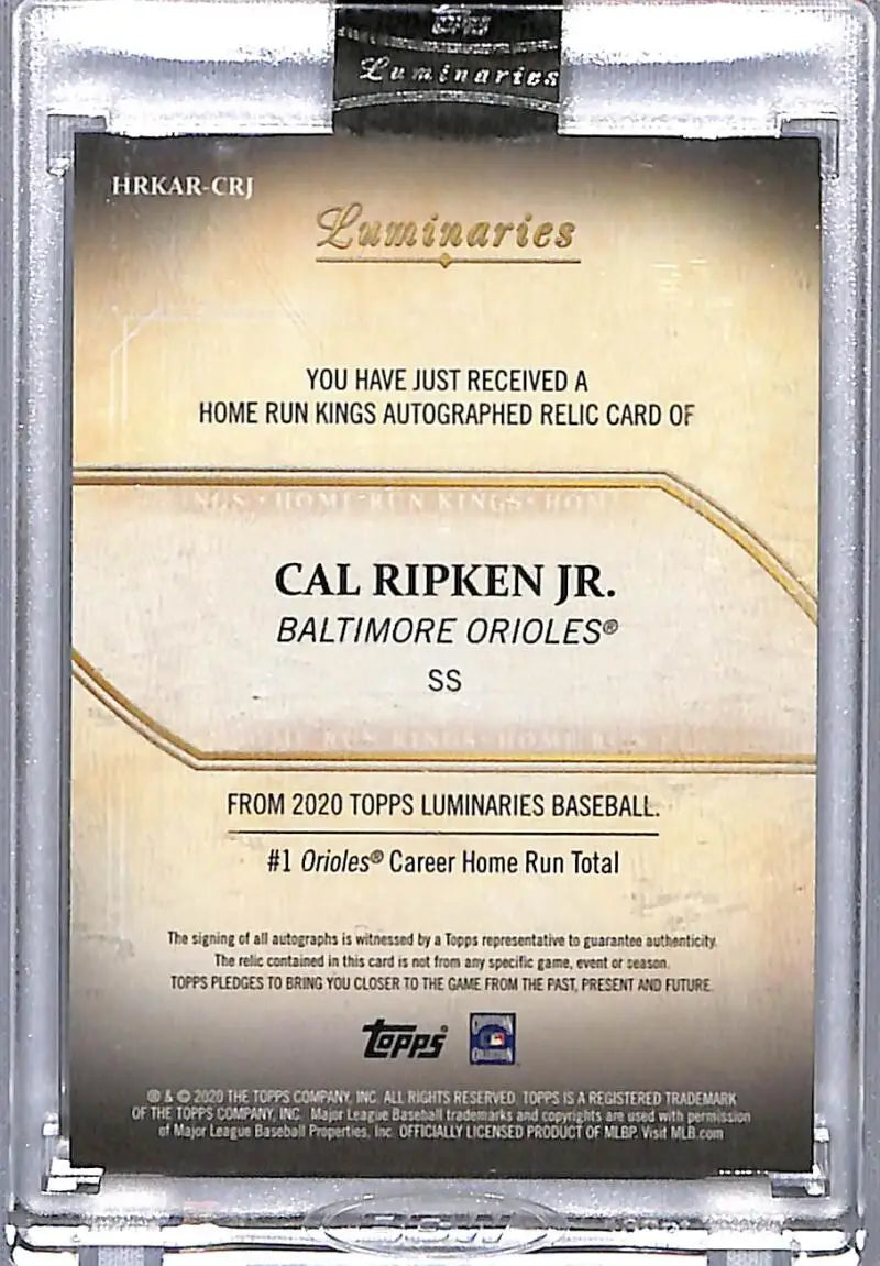 Cal Ripken Jr. autographed relic baseball card from 2020 Topps Luminaries Home Run Kings