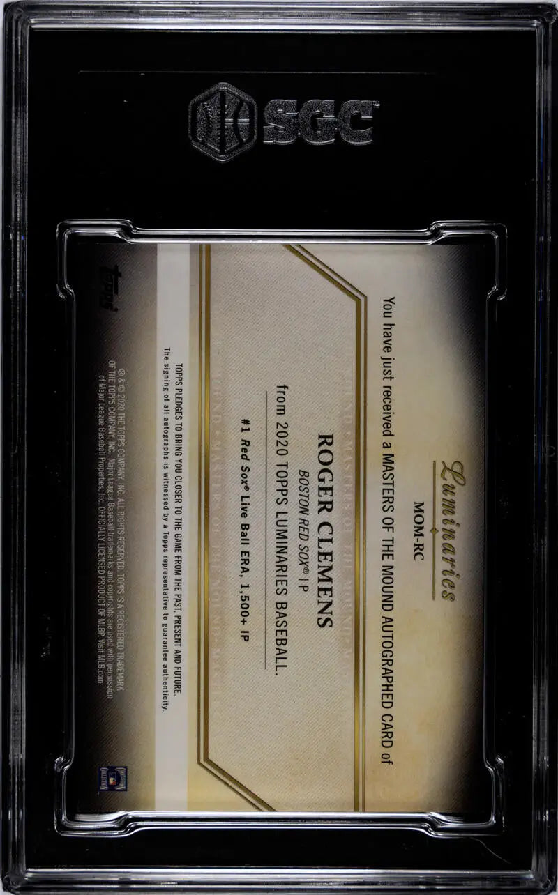 Black-bordered case containing Roger Clemens Topps Luminaries Masters document Red Sox