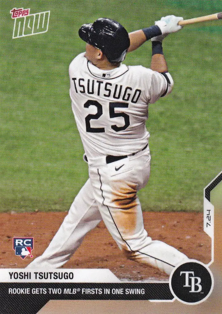 Baseball player Yoshi Tsutsugo swinging bat in Tampa Bay Rays uniform #25