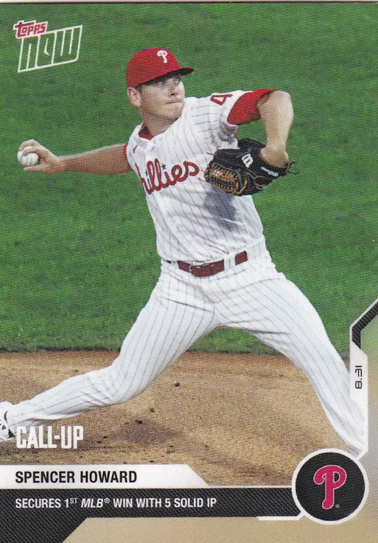 Baseball pitcher Spencer Howard in mid-throw for Philadelphia Phillies uniform 2020 TOPPS NOW