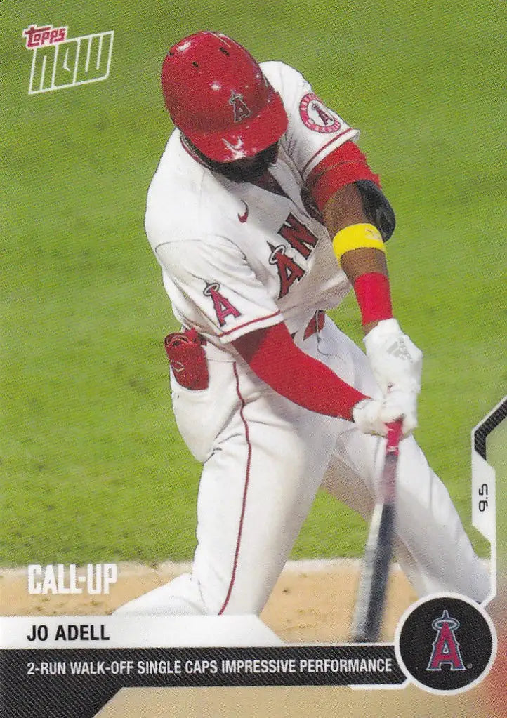 Baseball player in Los Angeles Angels uniform swinging bat for Adell Los Angeles