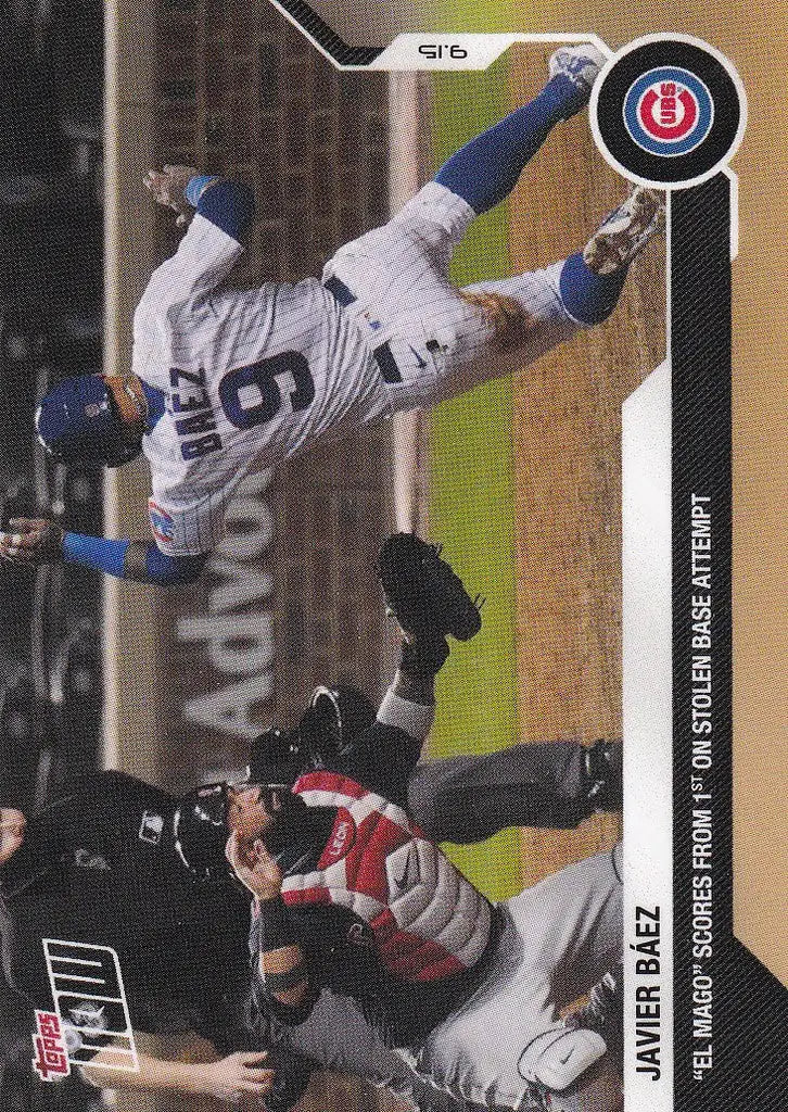 Baseball trading card of Javier Baez making a diving catch for Chicago Cubs