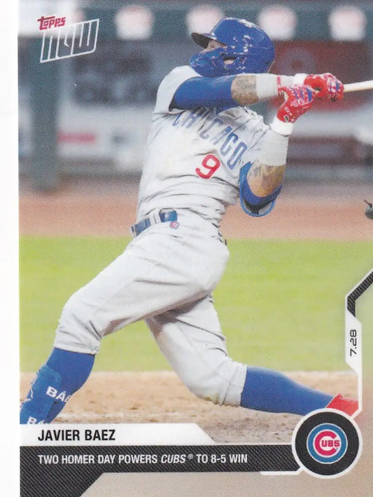 Baseball player swinging bat in Chicago Cubs uniform, featuring Javier Baez Chicago Cubs