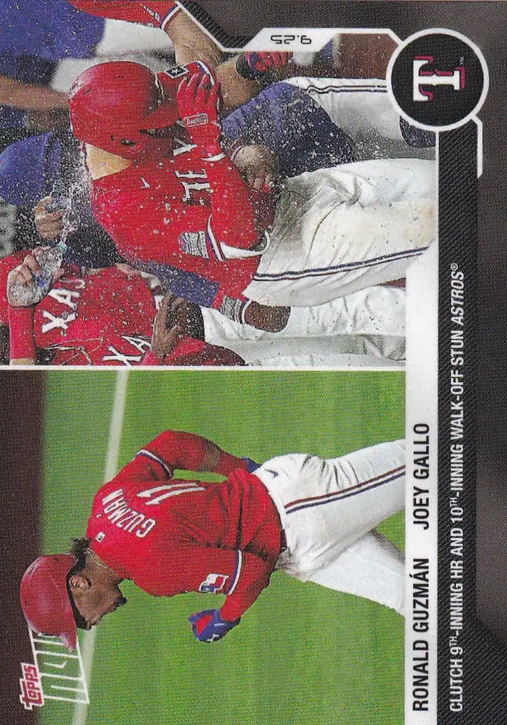 Baseball card of Ronald Guzman in red uniform, Texas Rangers action shots