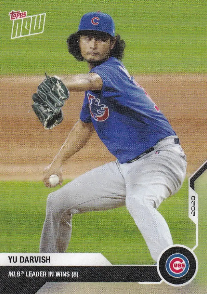 Baseball player Yu Darvish in Chicago Cubs uniform mid-pitch on the field