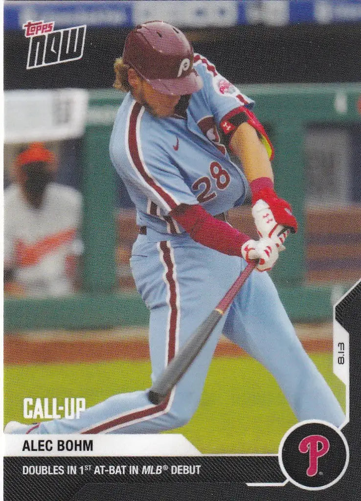 Alec Bohm swinging a bat in light blue uniform for Philadelphia Phillies