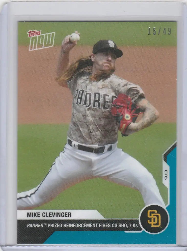 Baseball card of Mike Clevinger mid-throw for San Diego Padres 2020 Topps Now Parallel