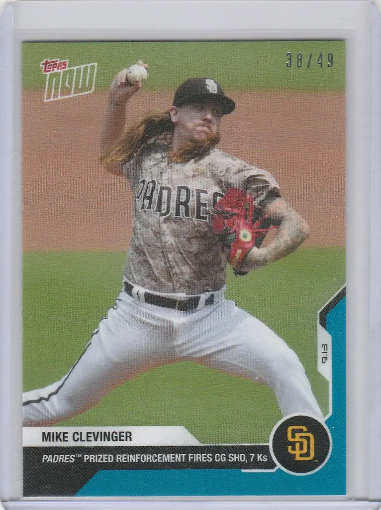 Baseball card of Mike Clevinger mid-throw representing San Diego Padres 2020 Topps Now