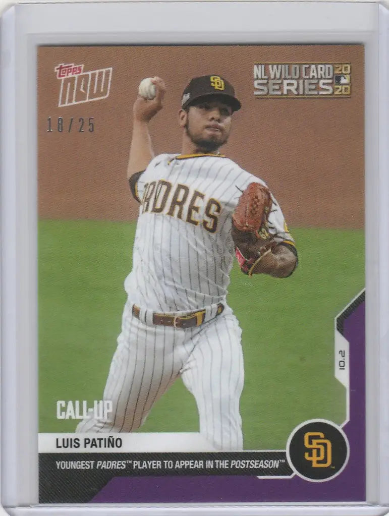 Baseball card of Luis Patino, San Diego Padres pitcher, in mid-throw action