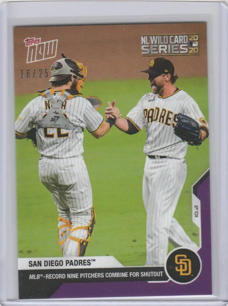 Baseball card of San Diego Padres players celebrating on the field, Topps Now Parallel