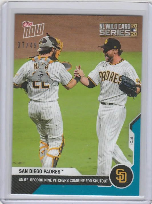 Baseball card of San Diego Padres players celebrating on the field, Topps Now Parallel