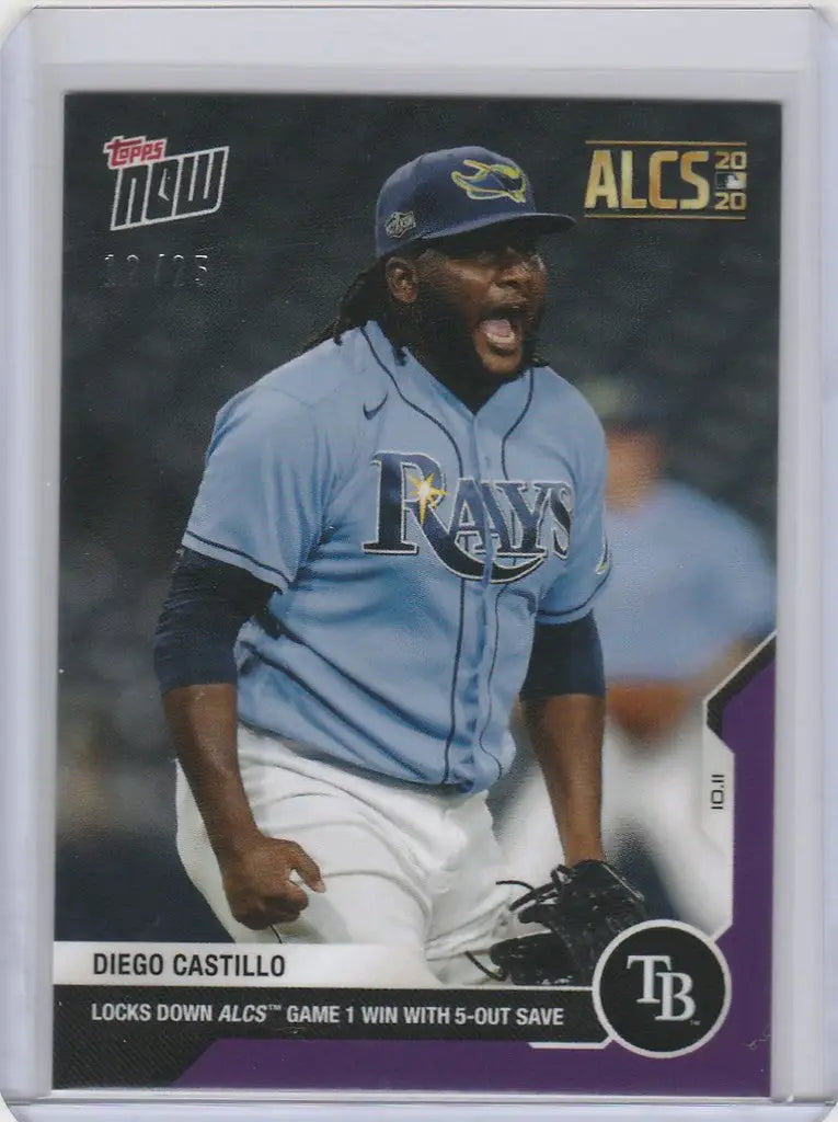 Diego Castillo Tampa Bay Rays player in light blue uniform shouting on baseball card