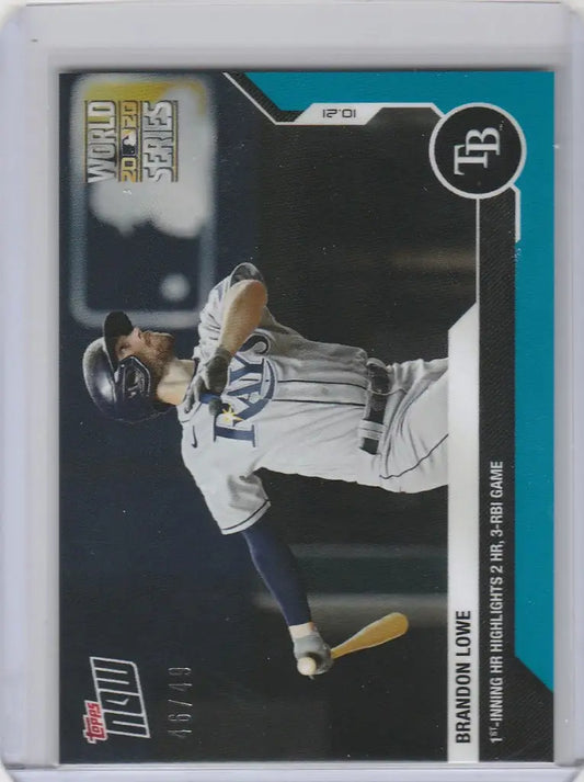 Baseball trading card of Brandon Lowe in mid-throw for Tampa Bay Rays uniform