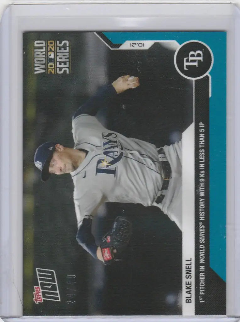 Baseball trading card of Blake Snell Tampa in mid-throw for Tampa Bay Rays 2020 Topps Now