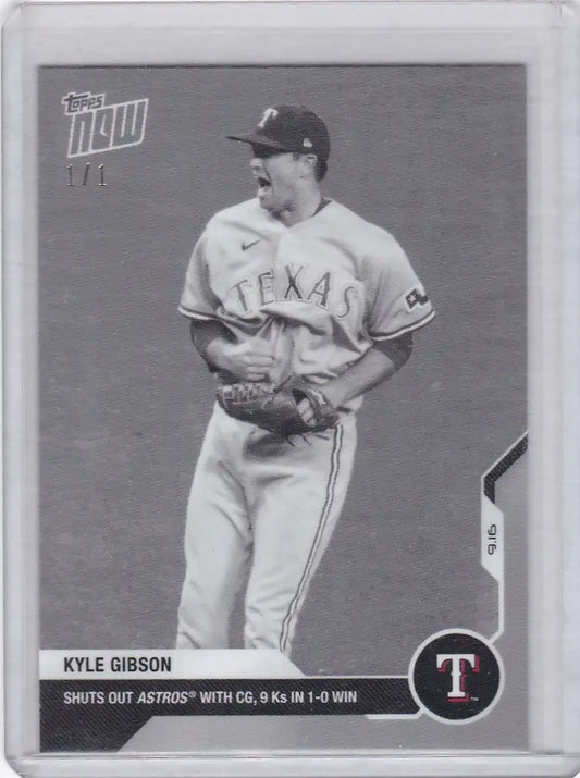 Texas Rangers pitcher Kyle Gibson mid-throw on 2020 Topps Now baseball card