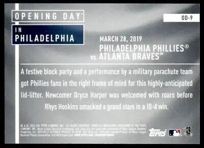 Baseball card back of 2020 Topps Opening Day Philadelphia Phillies #OD-9 collectible