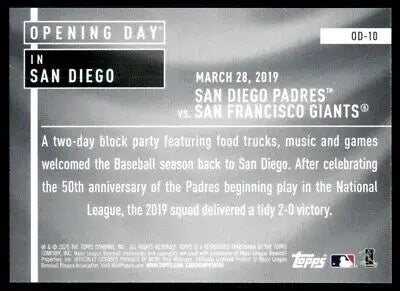 Back of 2020 Topps Opening Day San Diego Padres #OD-10 baseball card featuring San Diego Padres