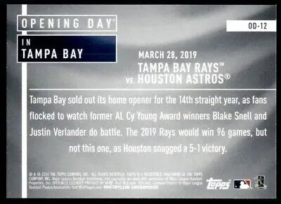 Back of 2020 Topps Opening Day Tampa Bay Rays Insert #OD-12 baseball card