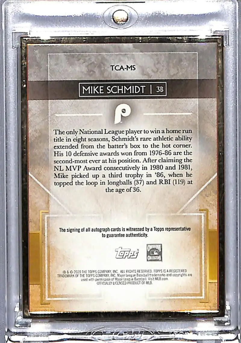 Mike Schmidt Philadelphia Phillies Baseball Card in protective case showing player achievements