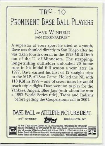 Baseball card back of 2020 Topps Update Turkey Red Dave Winfield NM-MT Padres original gloss