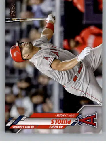 Baseball player in gray uniform swinging bat in 2020 Topps Update Albert Pujols card