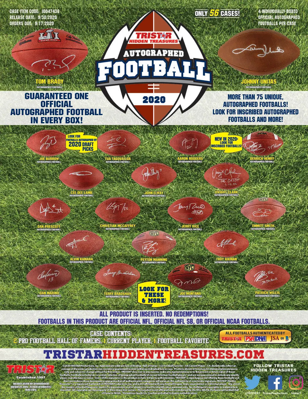 Advertisement for 2020 Tristar Hidden Treasures Autographed Footballs Box with official NFL memorabilia