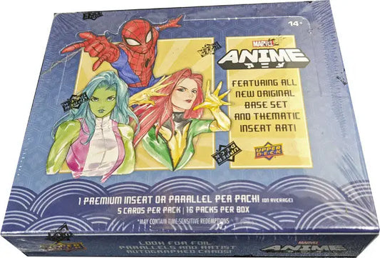 Sealed box of Upper Deck Marvel Anime trading cards with Spider-Man and friends on cover