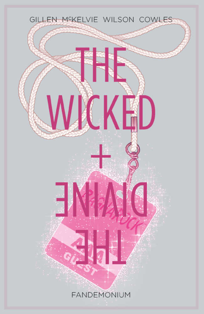 Book cover for The Wicked + The Divine with pink text and noose design, ideal for trading cards