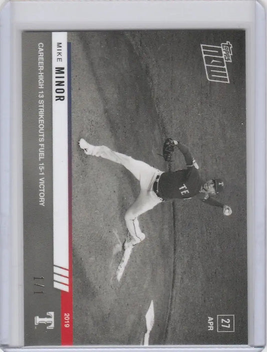 Baseball trading card of Mike Minor mid-throw with 145BW designation for Rangers