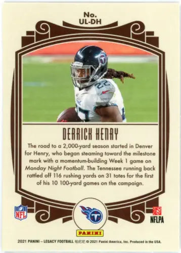 Derrick Henry football card from 2021 Panini Legacy, Tennessee Titans NFL collectible