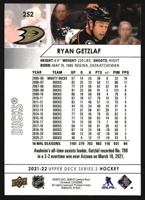 2021-22 Upper Deck #252 Ryan Getzlaf Anaheim Ducks NHL Hockey Card in NM-MT condition