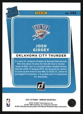 Josh Giddey Rookie Basketball Card from 2021-22 Donruss, Oklahoma City Thunder NM-MT