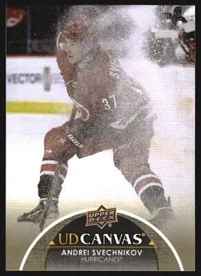 Hockey player card featuring 2021-22 Upper Deck Canvas Andrei Svechnikov NM-MT