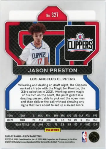 2021-22 Panini Prizm #327 Jason Preston Rookie Card for Los Angeles Clippers