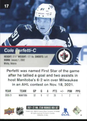 Cole Perfetti hockey card from Upper Deck Star Rookies #17 Winnipeg Jets NHL NM-MT